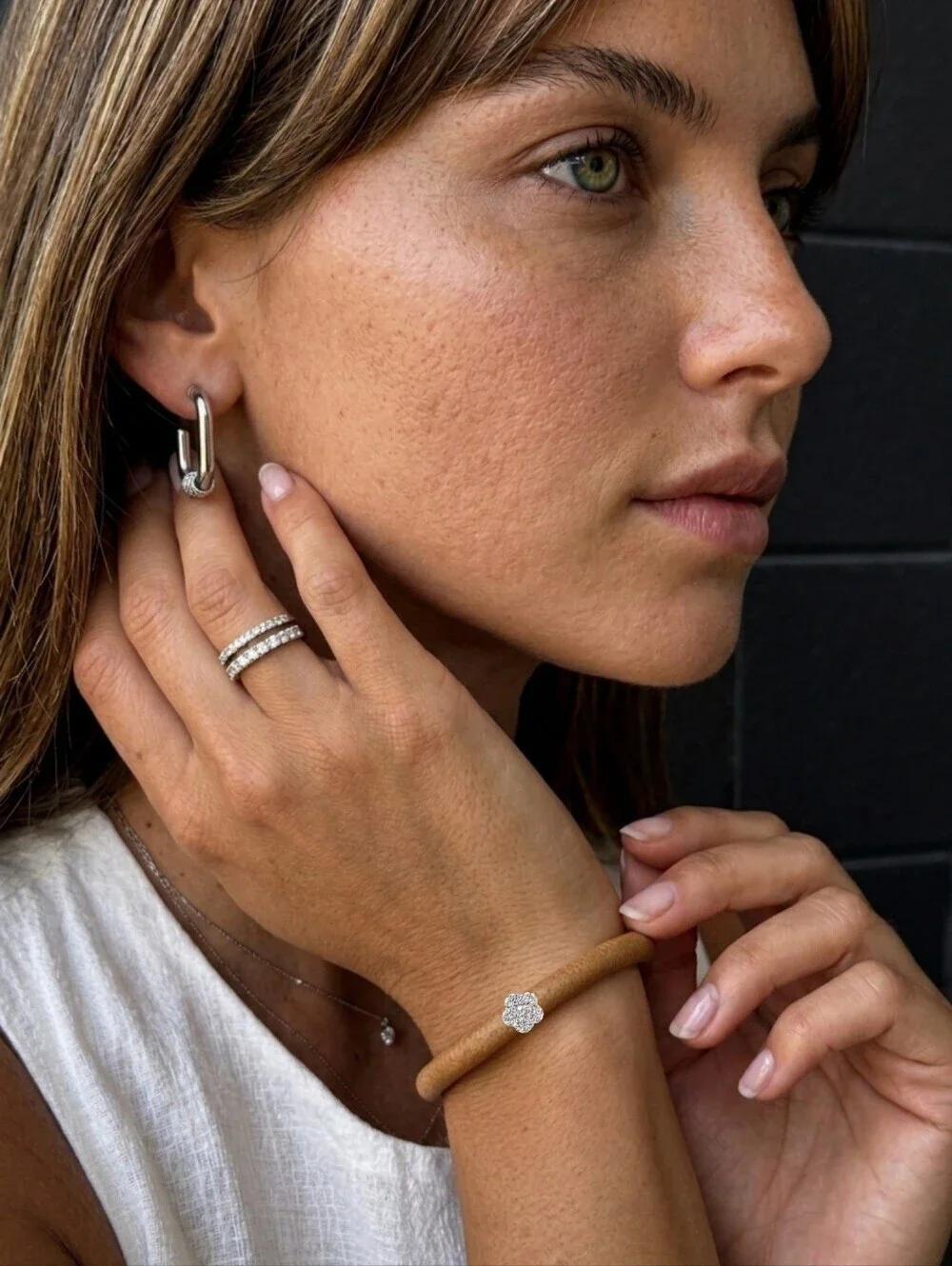 Caramel Vegan Leather Magnetic Bangle and Steel Hoop Earrings Set CZ Flower Boho